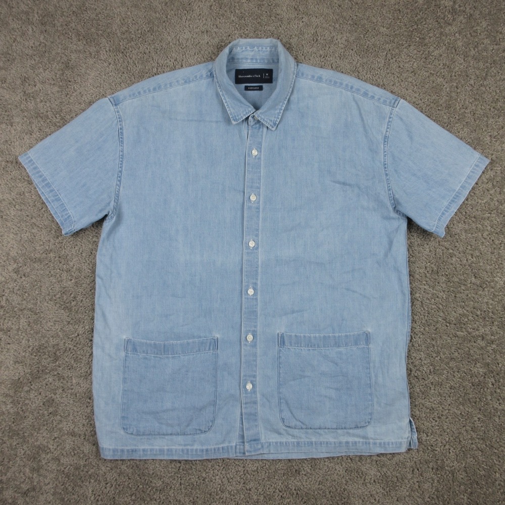 Abercrombie & Fitch Shirt Men Medium Blue Oversized Denim Chore Pocket Button Up